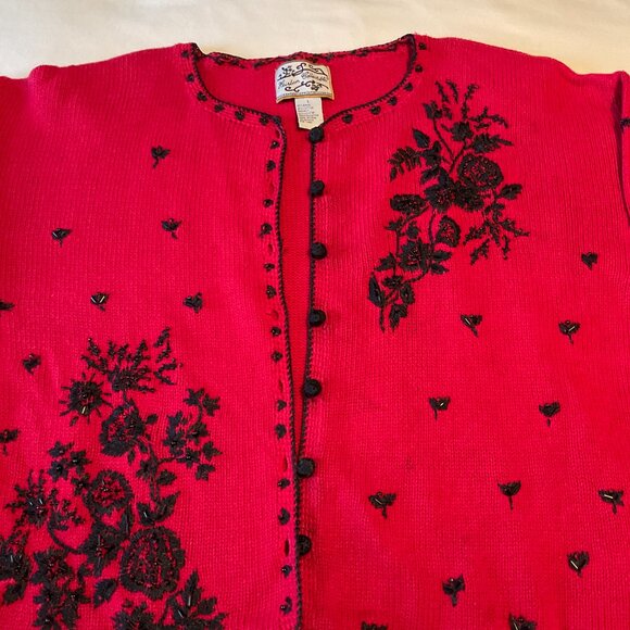 Heirloom Collectibles Women Large Sweater Cardigan Red Beaded Buttoned - Picture 2 of 15